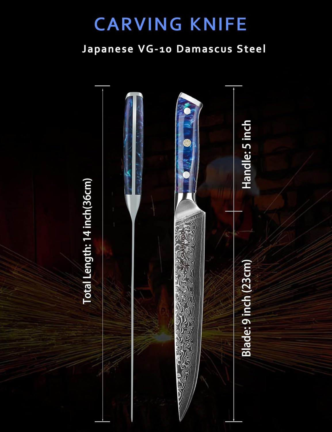 Carving Knife - 9 inch Kitchen Meat Cutting Slicing Knife- Xuan Series - VG10 Damascus Steel with Resin Handle (Starry Black)