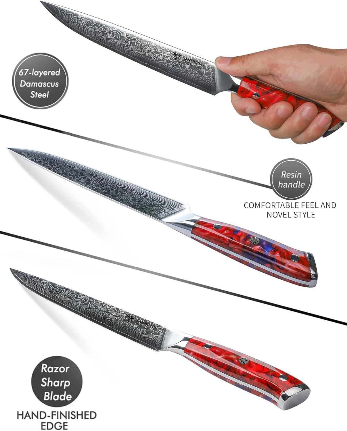 Carving Knife - 9 inch Kitchen Meat Cutting Slicing Knife- Xuan Series - VG10 Damascus Steel with Resin Handle (Starry Black)