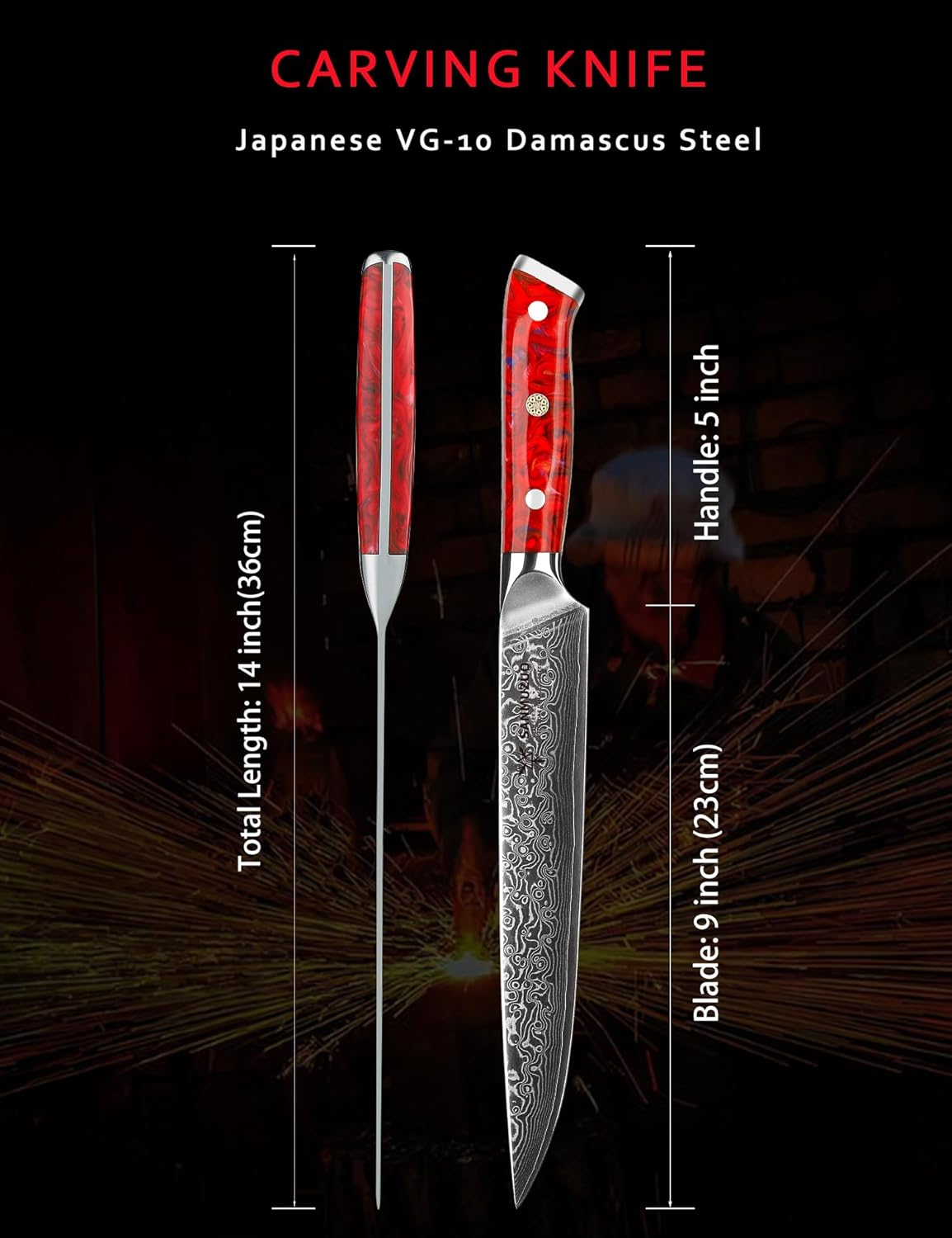 Carving Knife - 9 inch Kitchen Meat Cutting Slicing Knife- Xuan Series - VG10 Damascus Steel with Resin Handle (Starry Black)