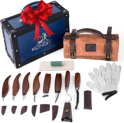 Complete Wood Carving Kit – Premium Carving Knives Set with 7Cr17 Steel Blades, Safety Gloves, Honing Strop, Roll Bag & Gift Storage Case – Woodworking Tool Set for Adults & Beginners