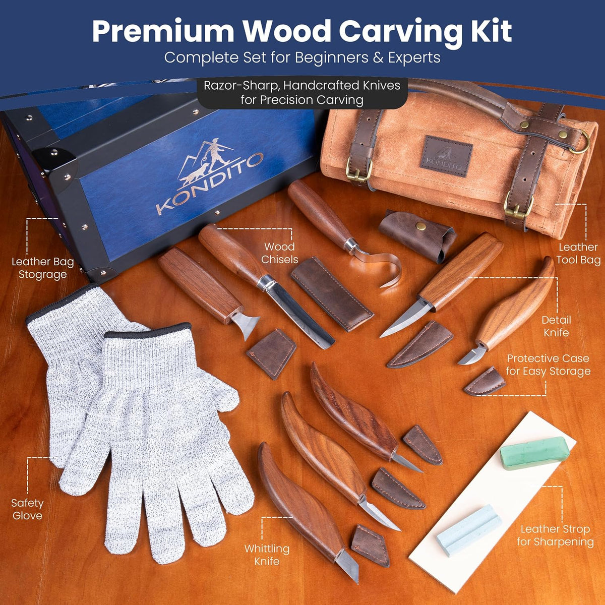 Complete Wood Carving Kit – Premium Carving Knives Set with 7Cr17 Steel Blades, Safety Gloves, Honing Strop, Roll Bag & Gift Storage Case – Woodworking Tool Set for Adults & Beginners