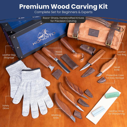 Complete Wood Carving Kit – Premium Carving Knives Set with 7Cr17 Steel Blades, Safety Gloves, Honing Strop, Roll Bag & Gift Storage Case – Woodworking Tool Set for Adults & Beginners