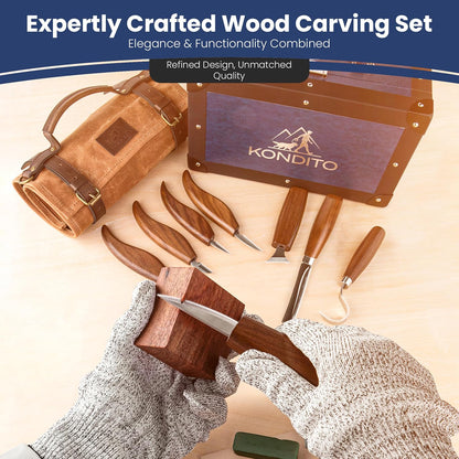 Complete Wood Carving Kit – Premium Carving Knives Set with 7Cr17 Steel Blades, Safety Gloves, Honing Strop, Roll Bag & Gift Storage Case – Woodworking Tool Set for Adults & Beginners