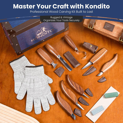 Complete Wood Carving Kit – Premium Carving Knives Set with 7Cr17 Steel Blades, Safety Gloves, Honing Strop, Roll Bag & Gift Storage Case – Woodworking Tool Set for Adults & Beginners