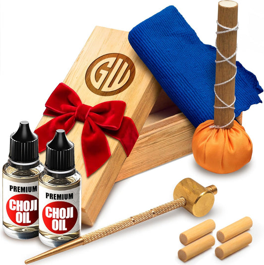 Sword Katana Knife Cleaning Kit - Maintenance Set with 2 Choji Oil - Large Microfiber - Japanese Wooden Stoarge Box - Uchiko Ball - Hammer - 4 Mekugi - Care for Samurai Katanas Swords - Storage Cases
