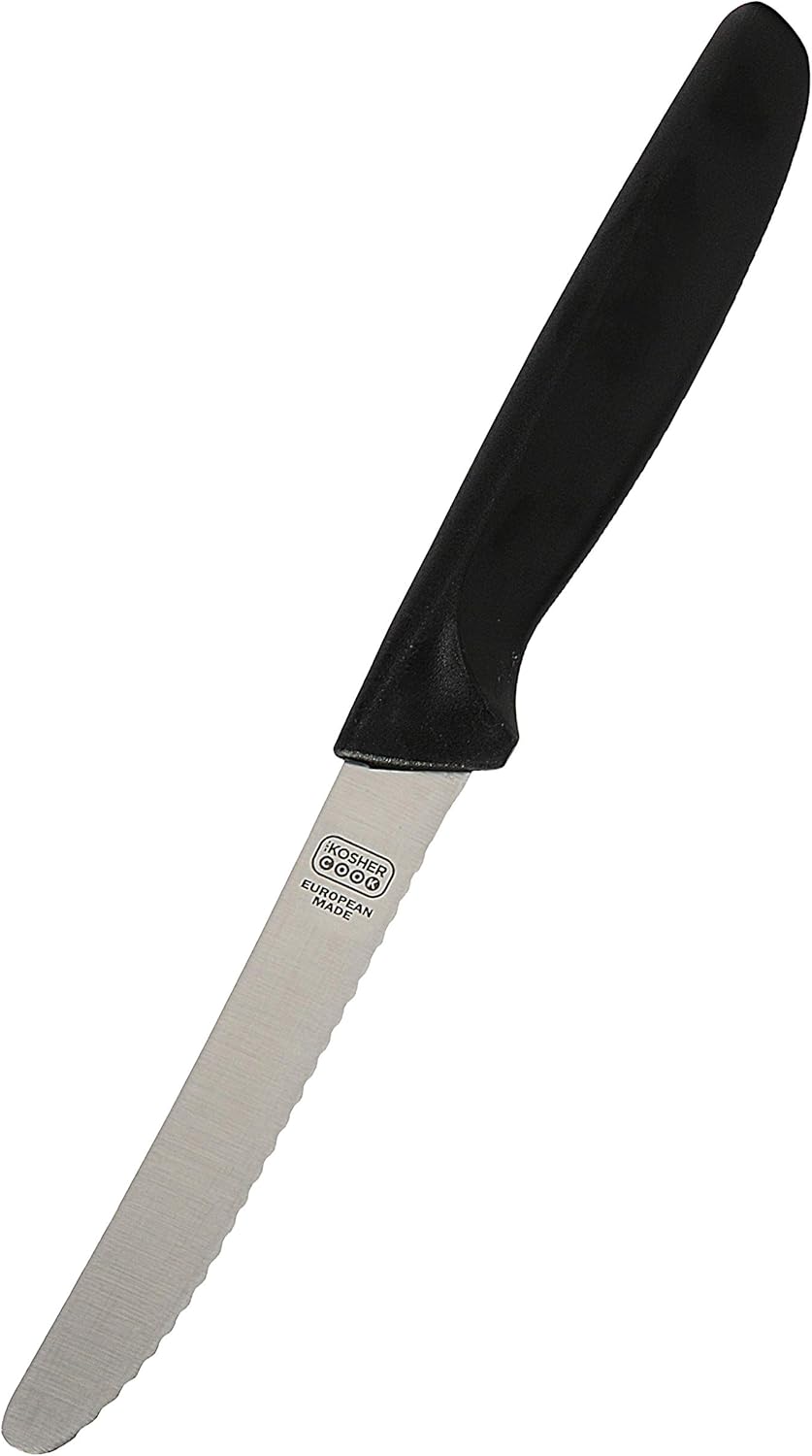 Black Kitchen Knife - 4.5" Steak and Vegetable Knife - Razor Sharp Curved Tip, Serrated Edge - Color Coded Kitchen Tools