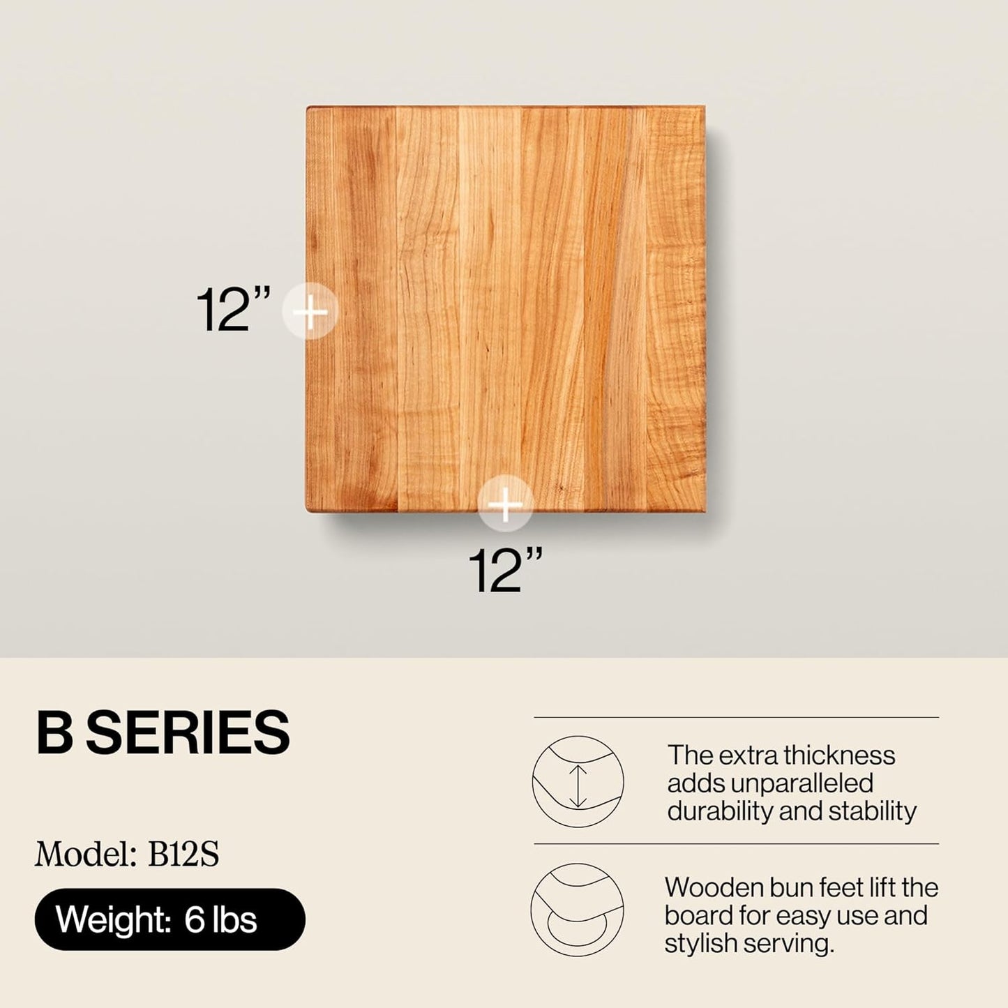 B Series Square Wooden Maple Cutting Board 12”x12” – 1.5” Thick, 6-lb Non-Reversible Butcher Block with Wood Bun Feet & Edge-Grain