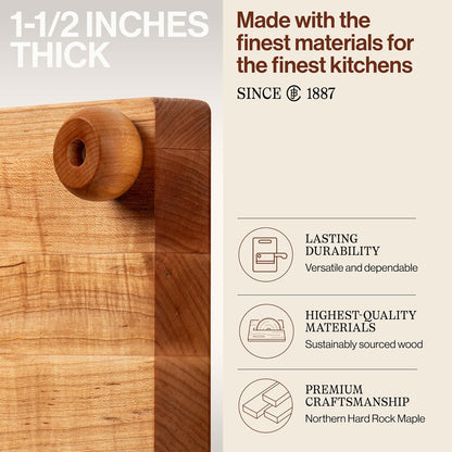 B Series Square Wooden Maple Cutting Board 12”x12” – 1.5” Thick, 6-lb Non-Reversible Butcher Block with Wood Bun Feet & Edge-Grain