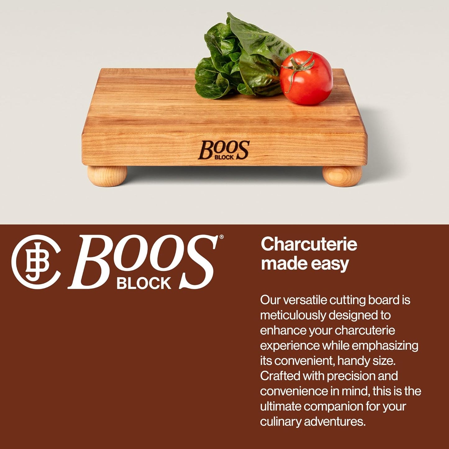 B Series Square Wooden Maple Cutting Board 12”x12” – 1.5” Thick, 6-lb Non-Reversible Butcher Block with Wood Bun Feet & Edge-Grain