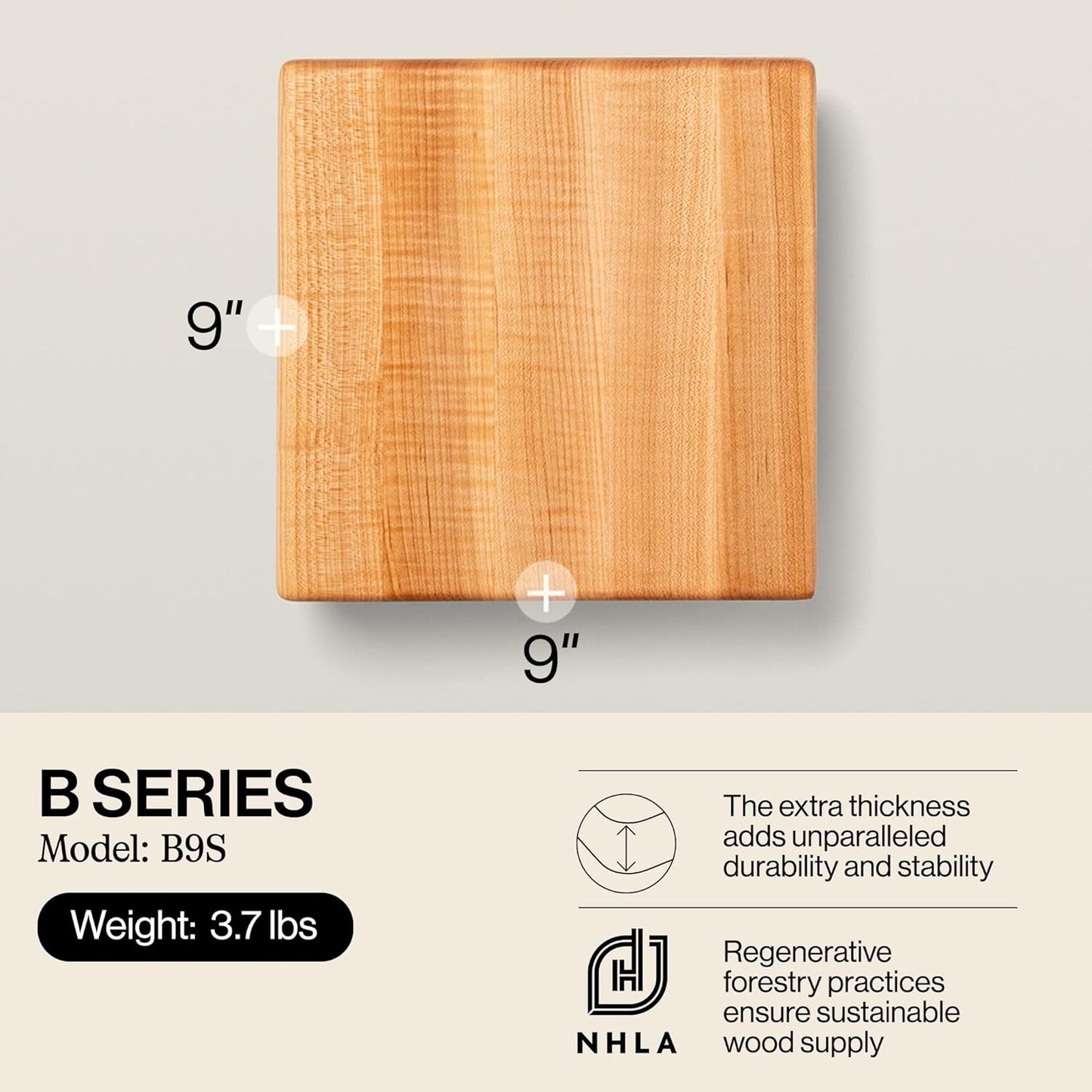 B Series Square Wooden Maple Cutting Board 12”x12” – 1.5” Thick, 6-lb Non-Reversible Butcher Block with Wood Bun Feet & Edge-Grain