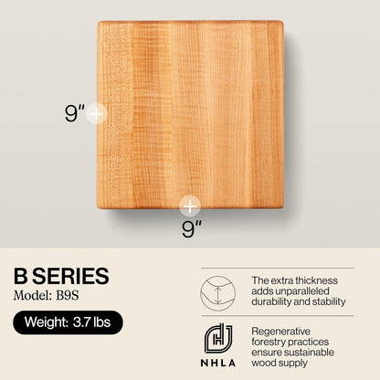 B Series Square Wooden Maple Cutting Board 12”x12” – 1.5” Thick, 6-lb Non-Reversible Butcher Block with Wood Bun Feet & Edge-Grain