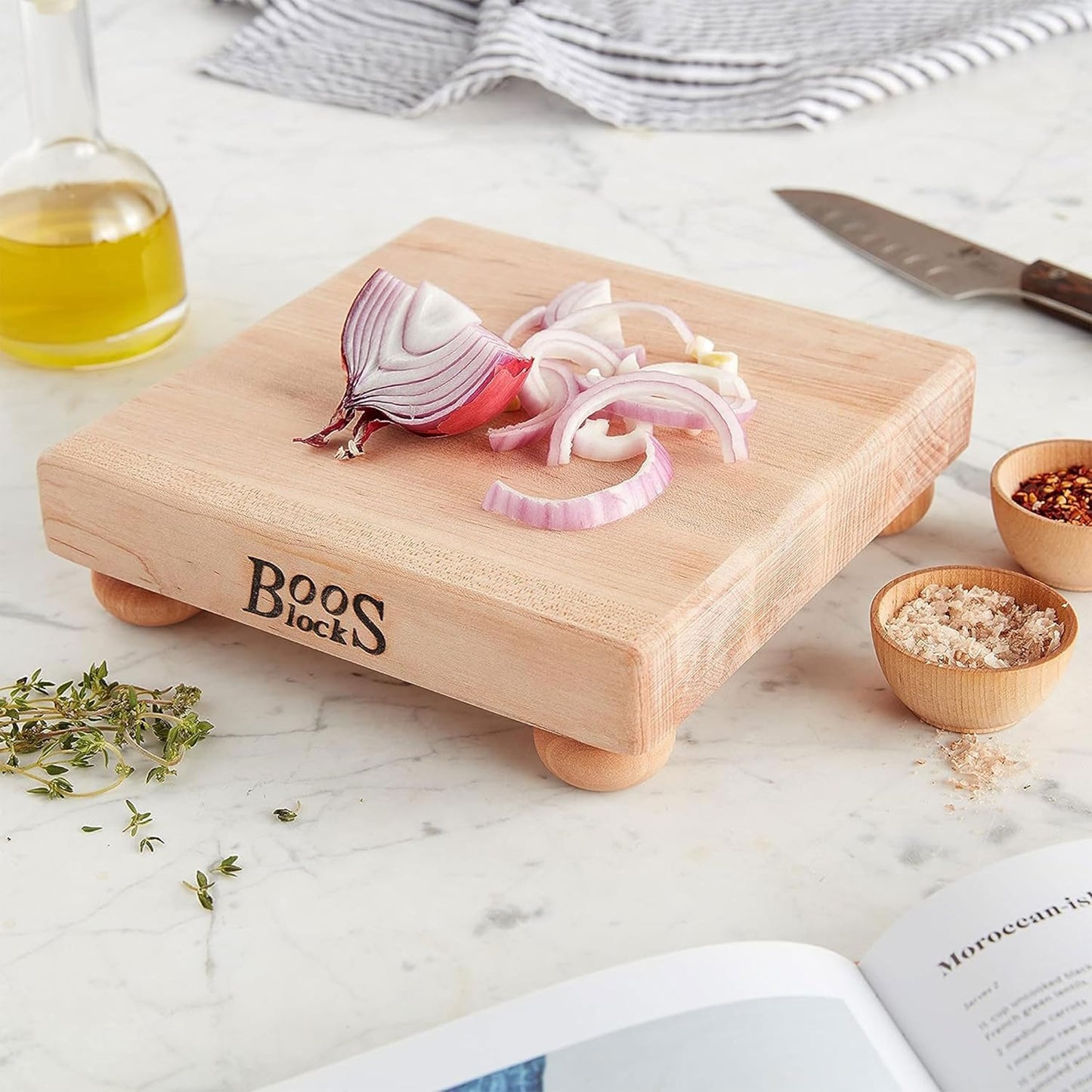 B Series Square Wooden Maple Cutting Board 12”x12” – 1.5” Thick, 6-lb Non-Reversible Butcher Block with Wood Bun Feet & Edge-Grain