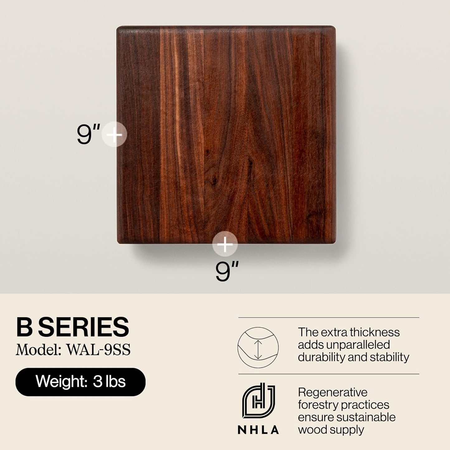 B Series Square Wooden Maple Cutting Board 12”x12” – 1.5” Thick, 6-lb Non-Reversible Butcher Block with Wood Bun Feet & Edge-Grain
