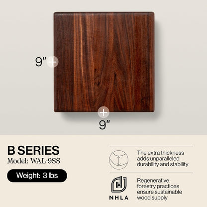 B Series Square Wooden Maple Cutting Board 12”x12” – 1.5” Thick, 6-lb Non-Reversible Butcher Block with Wood Bun Feet & Edge-Grain