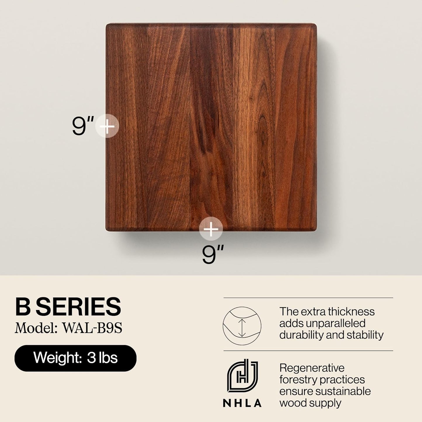 B Series Square Wooden Maple Cutting Board 12”x12” – 1.5” Thick, 6-lb Non-Reversible Butcher Block with Wood Bun Feet & Edge-Grain