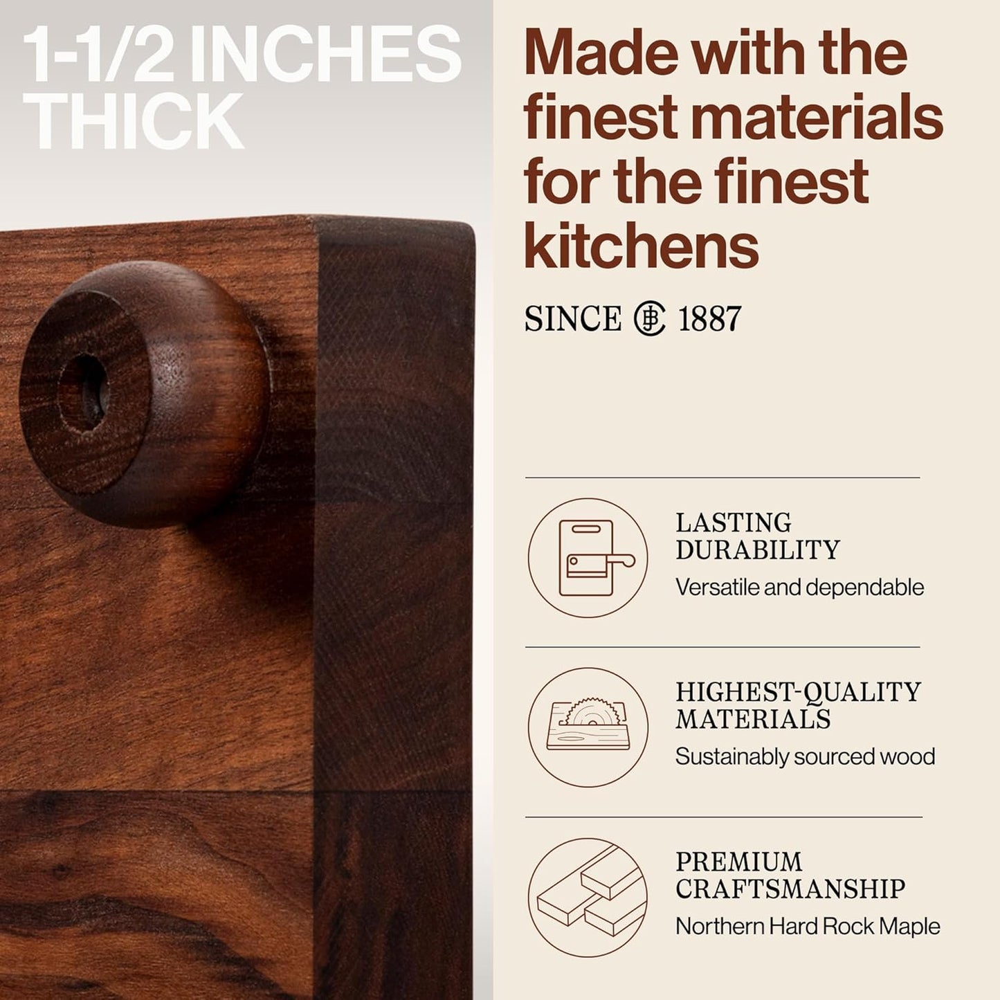 B Series Square Wooden Maple Cutting Board 12”x12” – 1.5” Thick, 6-lb Non-Reversible Butcher Block with Wood Bun Feet & Edge-Grain
