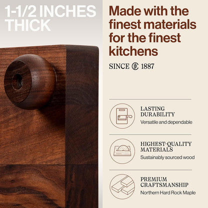 B Series Square Wooden Maple Cutting Board 12”x12” – 1.5” Thick, 6-lb Non-Reversible Butcher Block with Wood Bun Feet & Edge-Grain