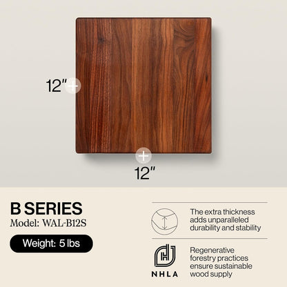 B Series Square Wooden Maple Cutting Board 12”x12” – 1.5” Thick, 6-lb Non-Reversible Butcher Block with Wood Bun Feet & Edge-Grain