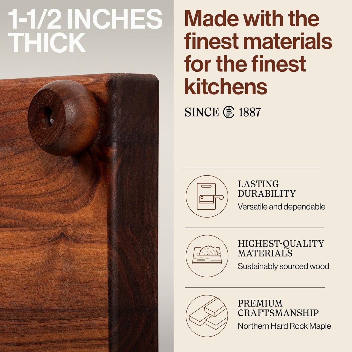 B Series Square Wooden Maple Cutting Board 12”x12” – 1.5” Thick, 6-lb Non-Reversible Butcher Block with Wood Bun Feet & Edge-Grain