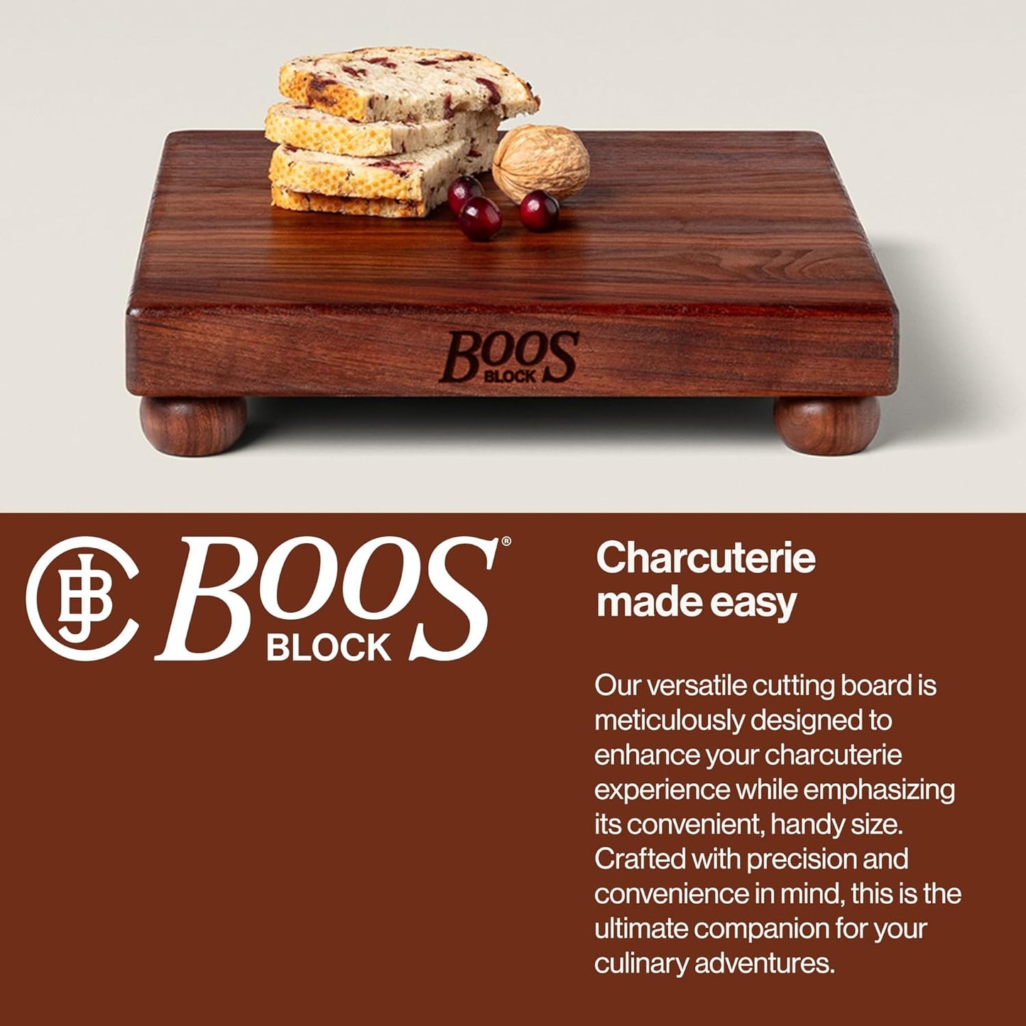 B Series Square Wooden Maple Cutting Board 12”x12” – 1.5” Thick, 6-lb Non-Reversible Butcher Block with Wood Bun Feet & Edge-Grain