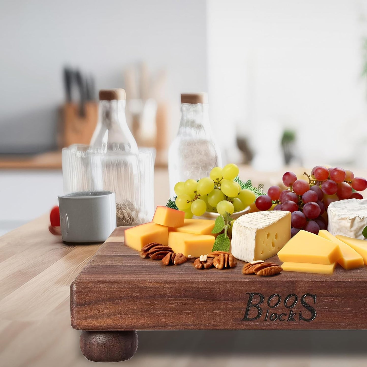 B Series Square Wooden Maple Cutting Board 12”x12” – 1.5” Thick, 6-lb Non-Reversible Butcher Block with Wood Bun Feet & Edge-Grain