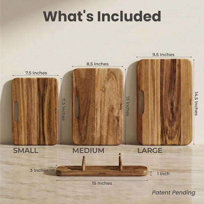Cutting Boards for Kitchen - 3 Piece Acacia Cutting Board with Stand | Double-Sided Wood Cutting Board, Wooden Cutting Boards Non Toxic for Meat Vegetable Fruit, Food-Grade