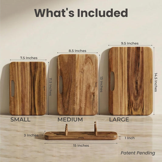 Cutting Boards for Kitchen - 3 Piece Acacia Cutting Board with Stand | Double-Sided Wood Cutting Board, Wooden Cutting Boards Non Toxic for Meat Vegetable Fruit, Food-Grade