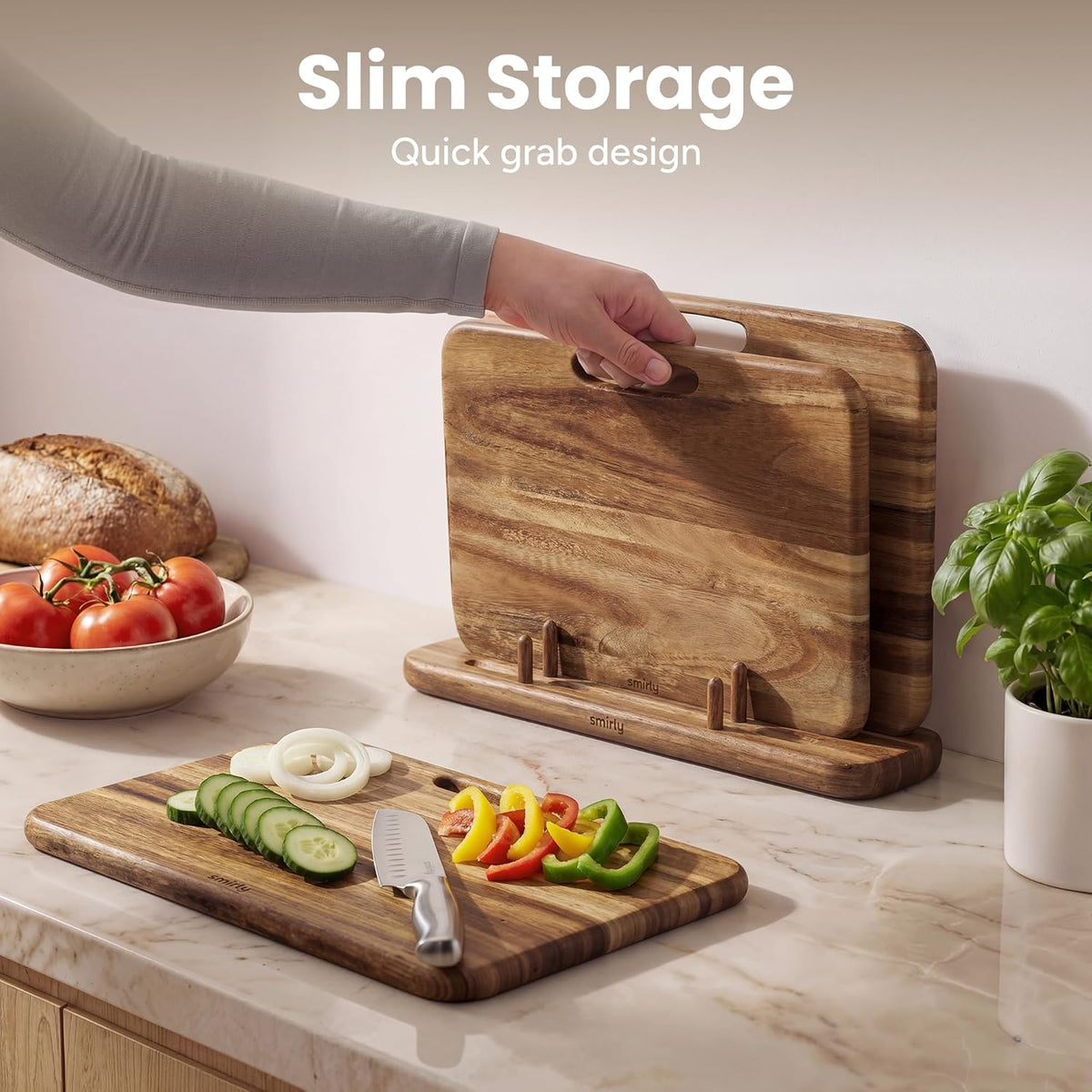 Cutting Boards for Kitchen - 3 Piece Acacia Cutting Board with Stand | Double-Sided Wood Cutting Board, Wooden Cutting Boards Non Toxic for Meat Vegetable Fruit, Food-Grade