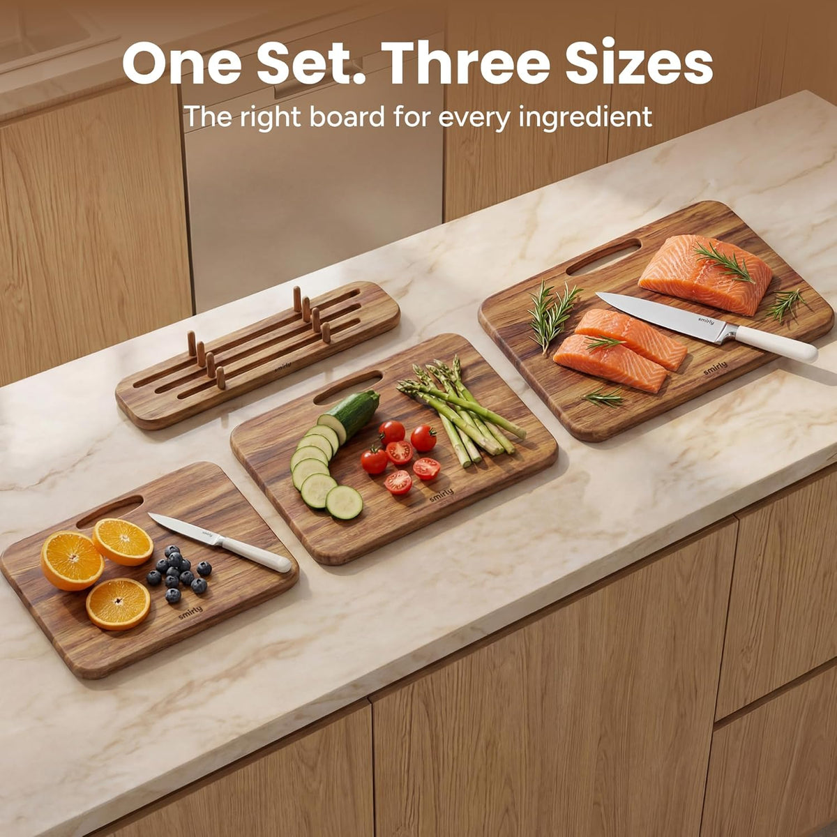 Cutting Boards for Kitchen - 3 Piece Acacia Cutting Board with Stand | Double-Sided Wood Cutting Board, Wooden Cutting Boards Non Toxic for Meat Vegetable Fruit, Food-Grade