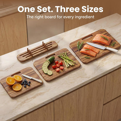 Cutting Boards for Kitchen - 3 Piece Acacia Cutting Board with Stand | Double-Sided Wood Cutting Board, Wooden Cutting Boards Non Toxic for Meat Vegetable Fruit, Food-Grade