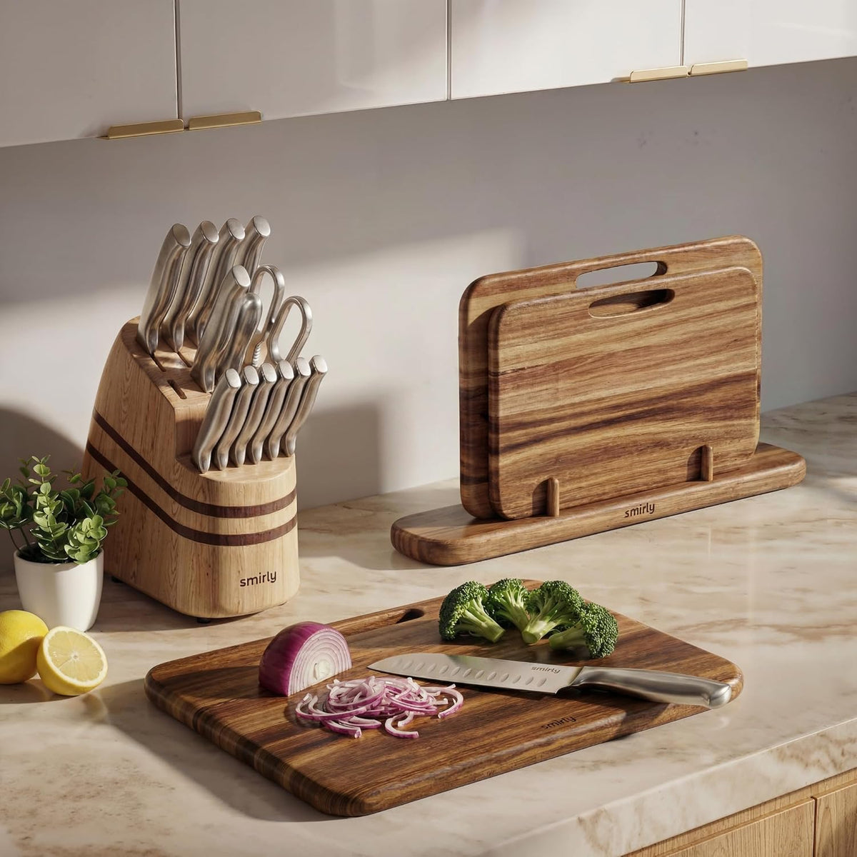 Cutting Boards for Kitchen - 3 Piece Acacia Cutting Board with Stand | Double-Sided Wood Cutting Board, Wooden Cutting Boards Non Toxic for Meat Vegetable Fruit, Food-Grade
