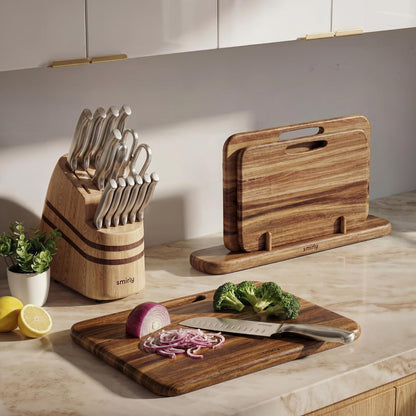Cutting Boards for Kitchen - 3 Piece Acacia Cutting Board with Stand | Double-Sided Wood Cutting Board, Wooden Cutting Boards Non Toxic for Meat Vegetable Fruit, Food-Grade