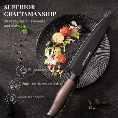 Knife Set, 6-Piece Kitchen Knife Set with Block, High Carbon Stainless Steel Ultra Sharp Kitchen Knives, Wood Grain Handle, Dishwasher Safe Knife Block Set, Black, Kitchen Utility Knives