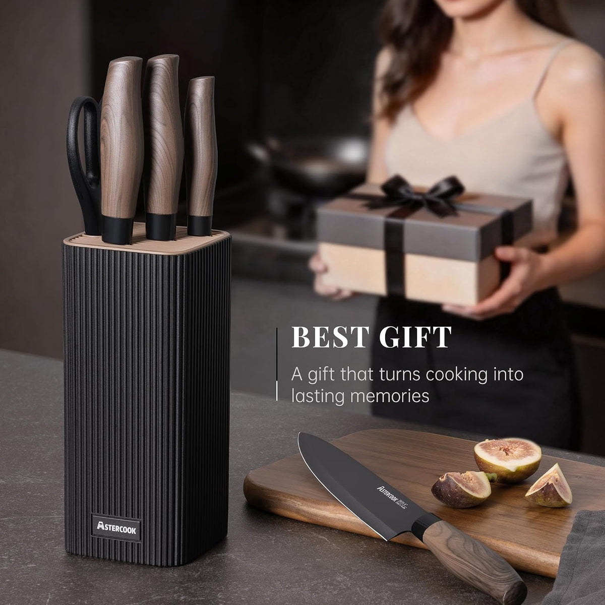 Knife Set, 6-Piece Kitchen Knife Set with Block, High Carbon Stainless Steel Ultra Sharp Kitchen Knives, Wood Grain Handle, Dishwasher Safe Knife Block Set, Black, Kitchen Utility Knives