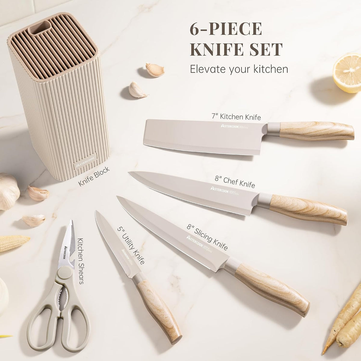 Knife Set, 6-Piece Kitchen Knife Set with Block, High Carbon Stainless Steel Ultra Sharp Kitchen Knives, Wood Grain Handle, Dishwasher Safe Knife Block Set, Black, Kitchen Utility Knives