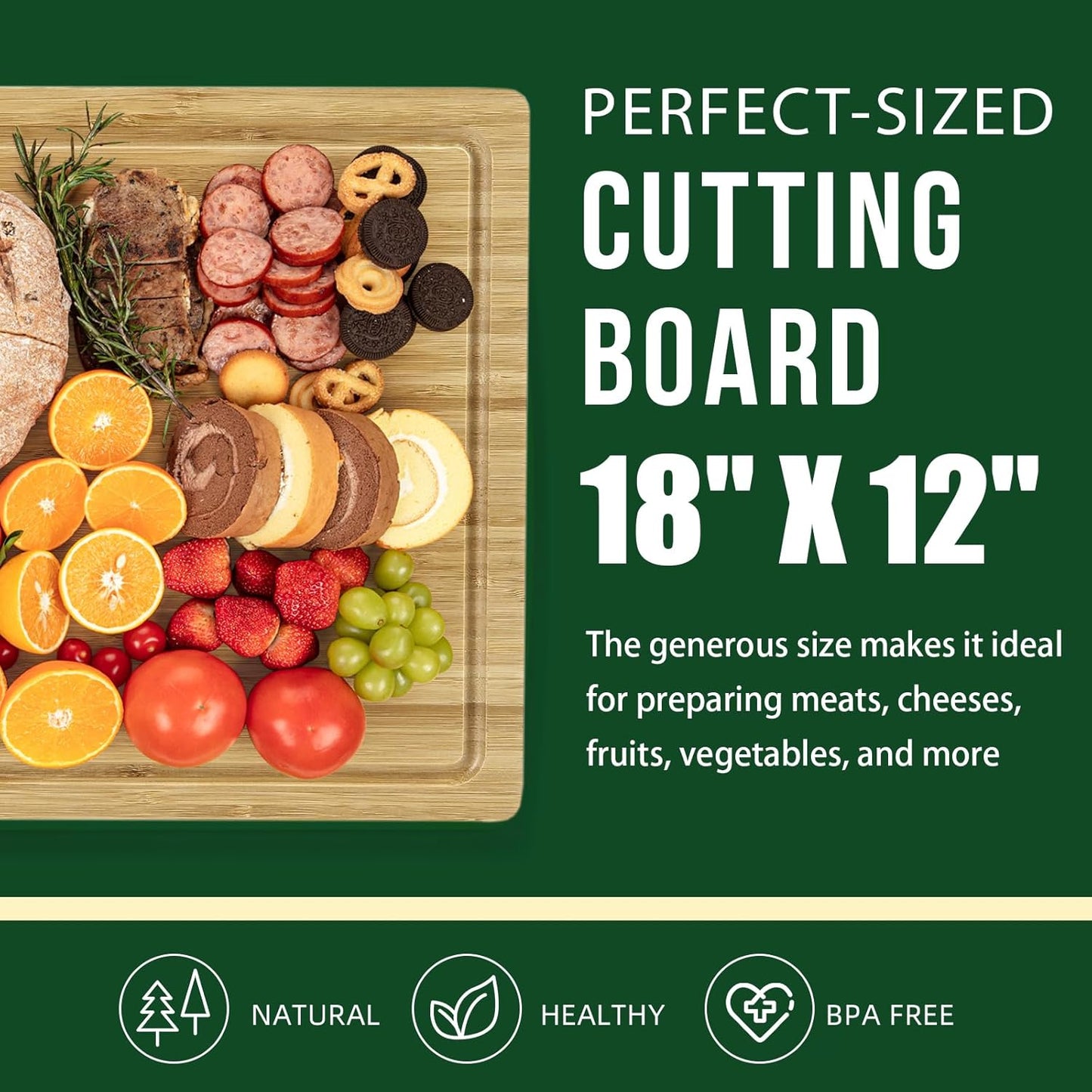 24 x 16 in Bamboo Cutting Board, Large Kitchen Chopping Board with Juicy Groove, Wooden Butcher Block Cutting Board Perfect for Meat, Cheese, Vegetables, Fruits