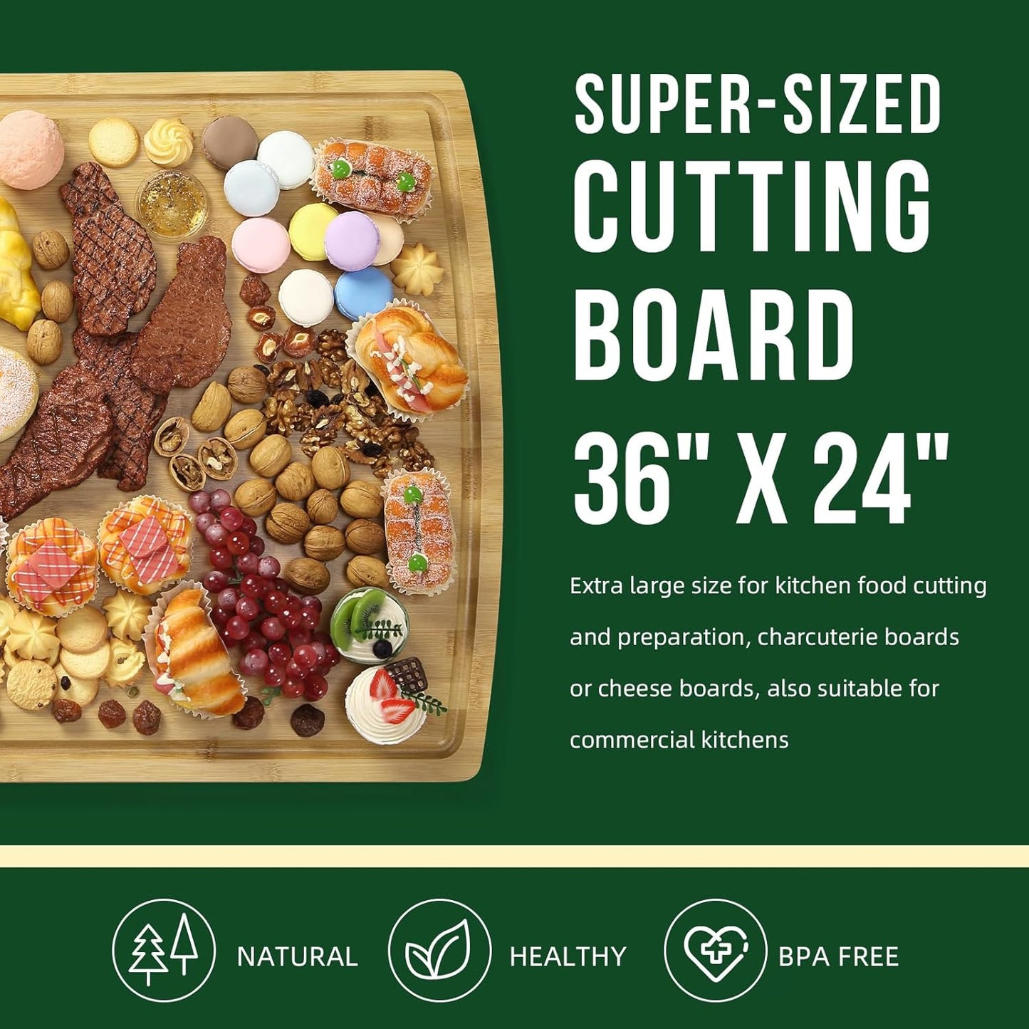 24 x 16 in Bamboo Cutting Board, Large Kitchen Chopping Board with Juicy Groove, Wooden Butcher Block Cutting Board Perfect for Meat, Cheese, Vegetables, Fruits