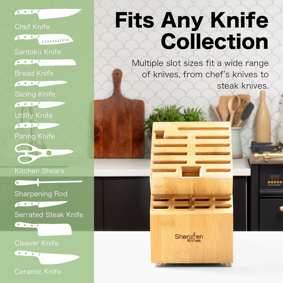 20 Slot Bamboo Countertop Knife Block – Large, 8x5.25x11 | Solid Wood Core, Bamboo Veneer, 20 Knife Slots, Large 8x5.25x11 Inch, Universal Fit, Countertop Storage