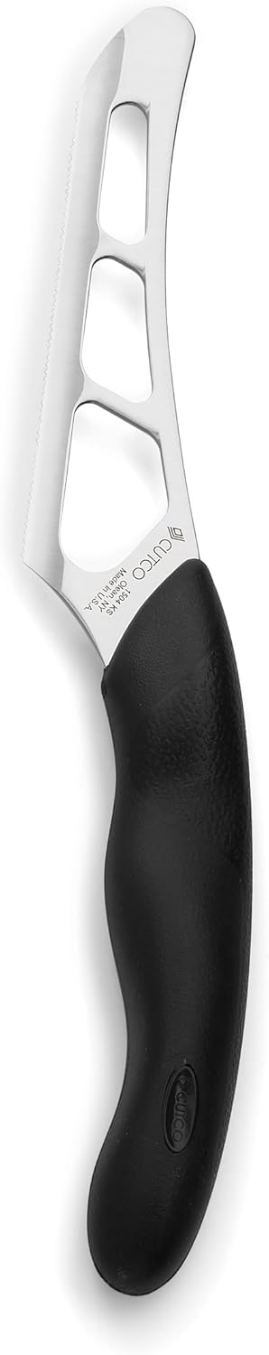 Model 1504 Cheese Knife w/ 5.5" Micro-D® serrated edge blade & 5" black Soft Comfort-grip handle. Holes on blade’s surface helps cheese fall away during cutting.
