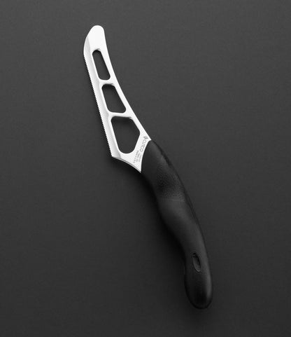 Model 1504 Cheese Knife w/ 5.5" Micro-D® serrated edge blade & 5" black Soft Comfort-grip handle. Holes on blade’s surface helps cheese fall away during cutting.