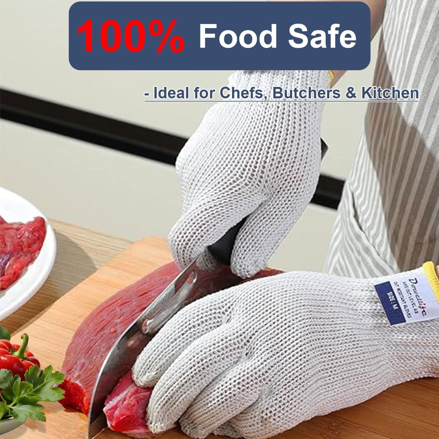 Level 8 Reinforced Cut Resistant Gloves, Food Grade, Knife Safety Gloves for Meat Cutting, Oyster Shucking, Fish Fillet, Kitchen Slicing and Wood Carving, Small