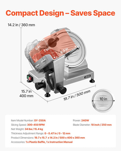 Commercial Meat Slicer, 10 inch Electric Food Slicer, 240W Frozen Meat Deli Slicer, Premium Chromium-plated Steel Blade Semi-Auto Meat Slicer For Commercial and Home use
