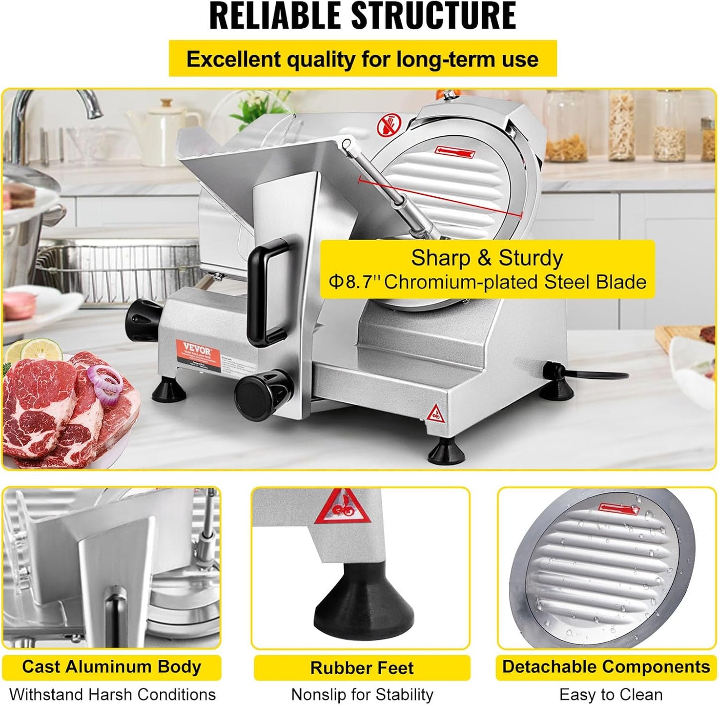 Commercial Meat Slicer, 10 inch Electric Food Slicer, 240W Frozen Meat Deli Slicer, Premium Chromium-plated Steel Blade Semi-Auto Meat Slicer For Commercial and Home use