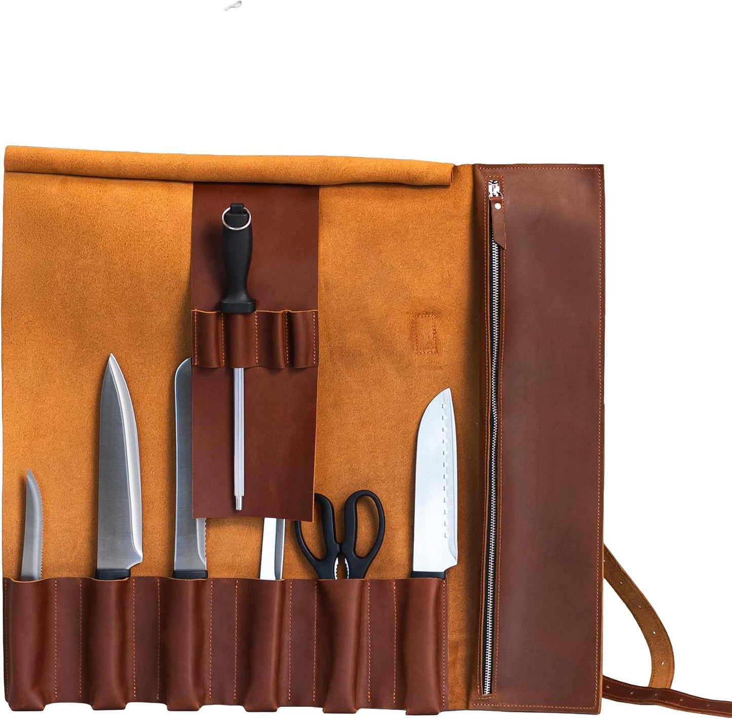 Leather Knife Roll Bag – Full Grain Leather Chef Knife Bag with 6 Slots & Zipped Pocket, Fits Knives up to 16 Inches, Travel-Friendly Knife Carrier with Adjustable Shoulder Strap, Warm Brown