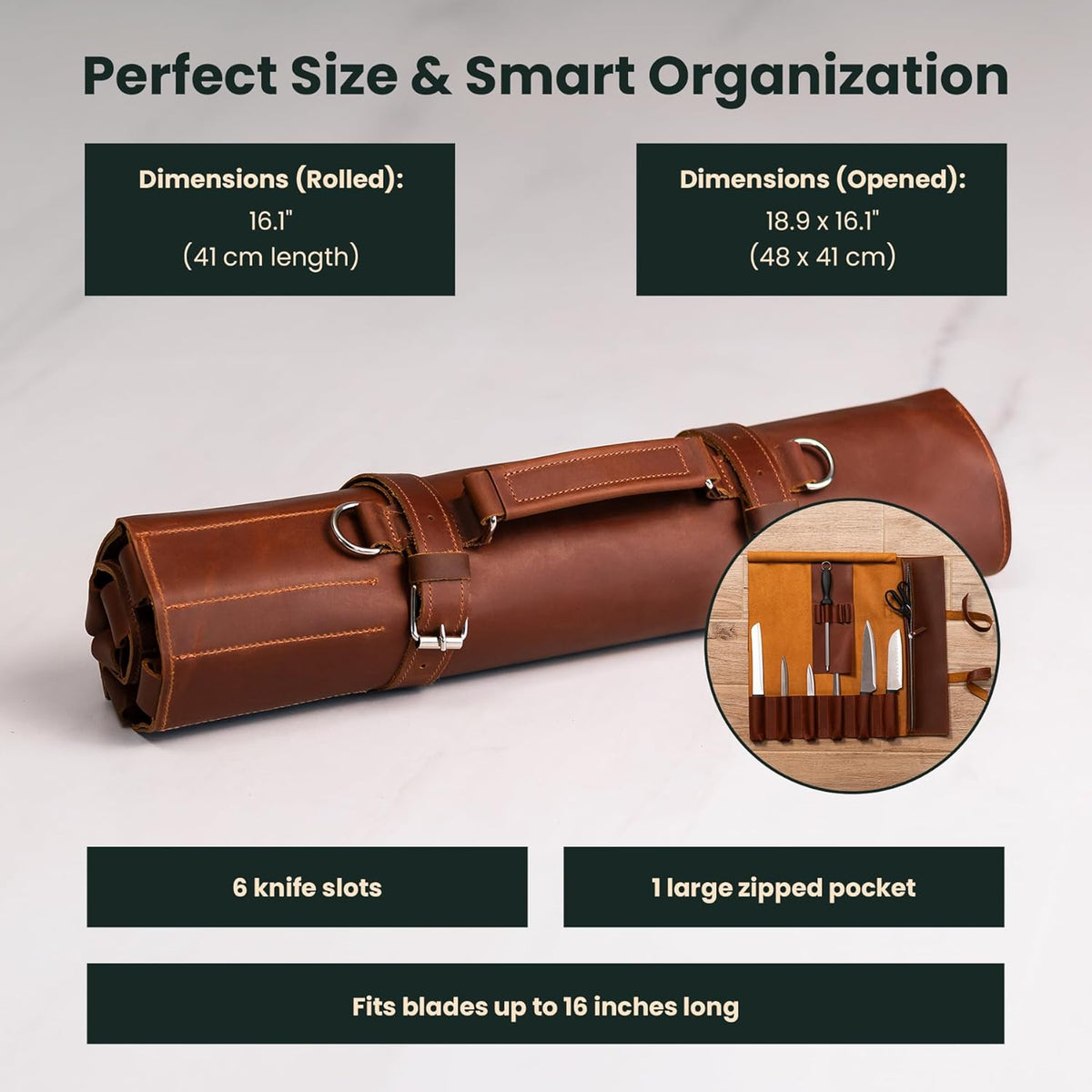 Leather Knife Roll Bag – Full Grain Leather Chef Knife Bag with 6 Slots & Zipped Pocket, Fits Knives up to 16 Inches, Travel-Friendly Knife Carrier with Adjustable Shoulder Strap, Warm Brown