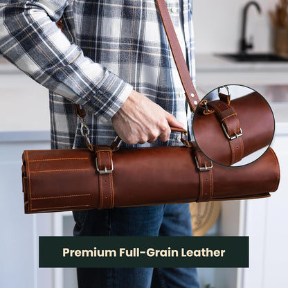 Leather Knife Roll Bag – Full Grain Leather Chef Knife Bag with 6 Slots & Zipped Pocket, Fits Knives up to 16 Inches, Travel-Friendly Knife Carrier with Adjustable Shoulder Strap, Warm Brown