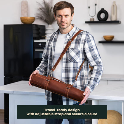 Leather Knife Roll Bag – Full Grain Leather Chef Knife Bag with 6 Slots & Zipped Pocket, Fits Knives up to 16 Inches, Travel-Friendly Knife Carrier with Adjustable Shoulder Strap, Warm Brown
