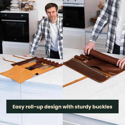 Leather Knife Roll Bag – Full Grain Leather Chef Knife Bag with 6 Slots & Zipped Pocket, Fits Knives up to 16 Inches, Travel-Friendly Knife Carrier with Adjustable Shoulder Strap, Warm Brown