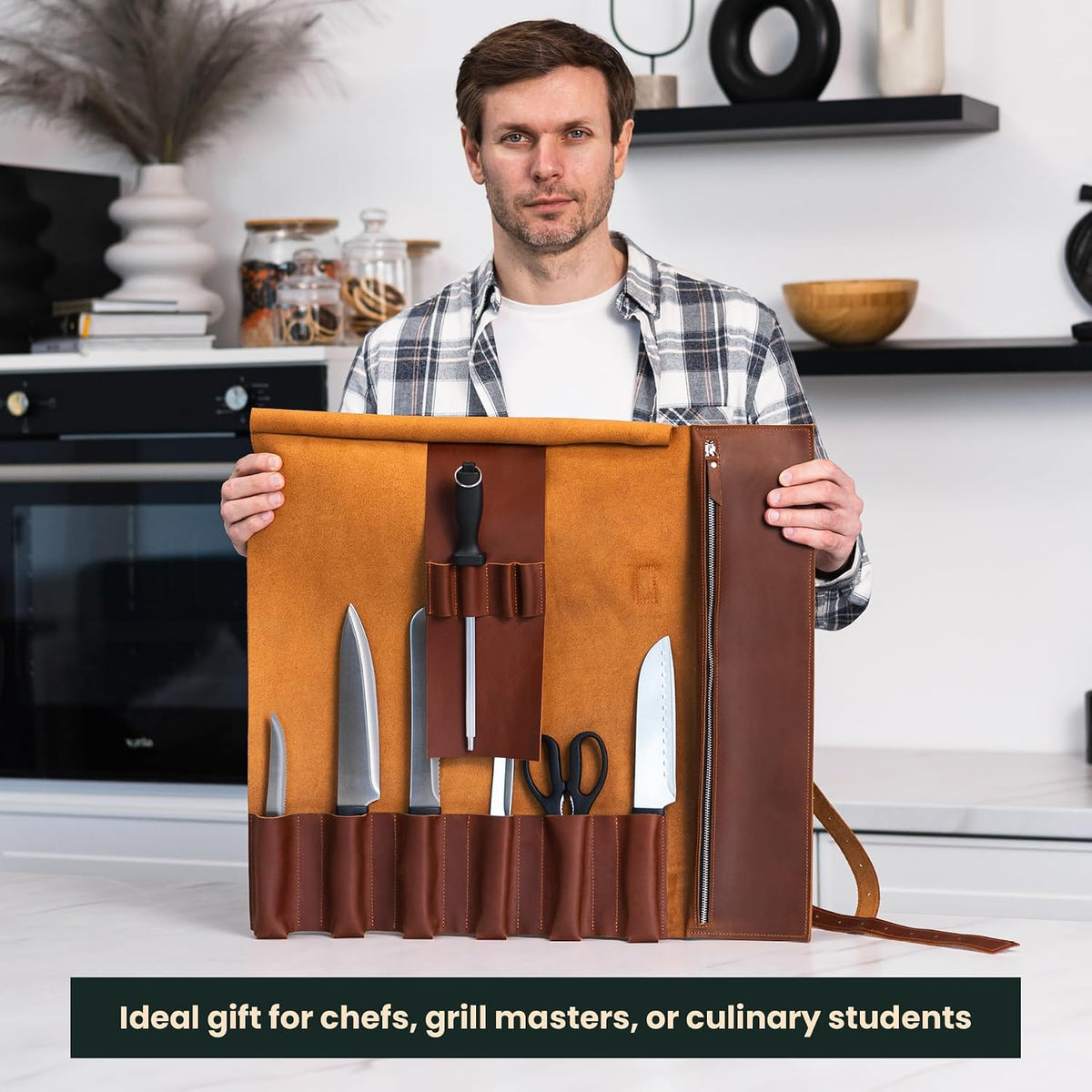 Leather Knife Roll Bag – Full Grain Leather Chef Knife Bag with 6 Slots & Zipped Pocket, Fits Knives up to 16 Inches, Travel-Friendly Knife Carrier with Adjustable Shoulder Strap, Warm Brown