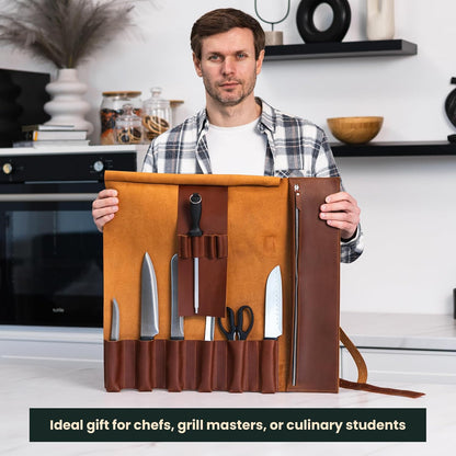 Leather Knife Roll Bag – Full Grain Leather Chef Knife Bag with 6 Slots & Zipped Pocket, Fits Knives up to 16 Inches, Travel-Friendly Knife Carrier with Adjustable Shoulder Strap, Warm Brown